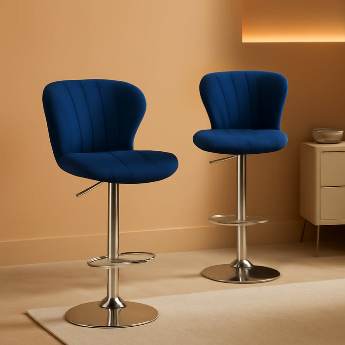 Ellston Velvet Adjustable Swivel Barstools in Blue, Set of 2