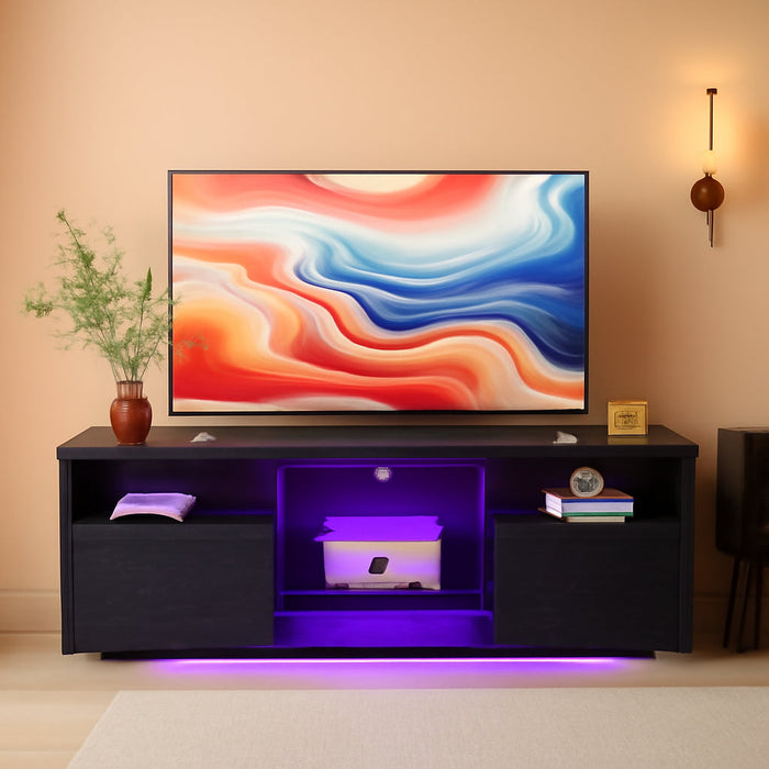 TV Stand with LED Lights for Tvs up to 70 Inch, Entertainment Center with Open Glass Shelves, 2 Cabinets with Doors, 63-Inch Long, TV Console for Bedroom Living Room, Black ULTV330T21