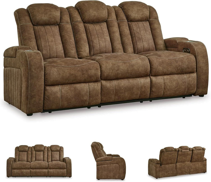Wolfridge Contemporary Faux Leather Power Reclining Sofa with Drop down Table, LED Lights, Electrical Outlet, Wireless Charging, USB Ports and Cup Holders, Light Brown