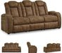 Wolfridge Contemporary Faux Leather Power Reclining Sofa with Drop down Table, LED Lights, Electrical Outlet, Wireless Charging, USB Ports and Cup Holders, Light Brown