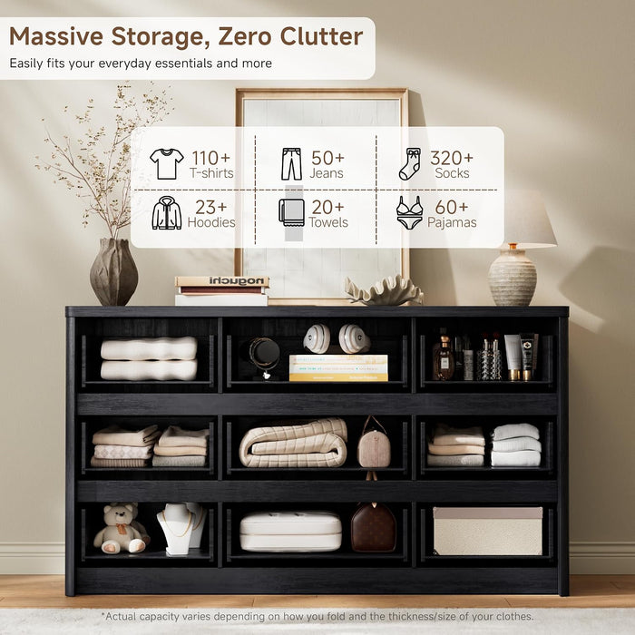 Modern 9 Drawers Dresser for Bedroom, 55" Wide Bedroom Dressers & Chest of Drawers W/Curved Profile, Mid Century Wood Dressers with Handleless Design, Large Dresser for Bedroom Living Room