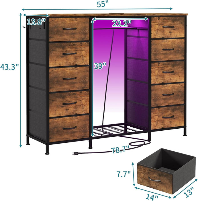 55W 2-In-1 Dresser with Hanging Rack, 10 Drawers Dresser for Bedroom,Dressers with Fabric Drawers,Led Lights, Charging Station and Hanging Racks for Bedroom (Rustic Brown)