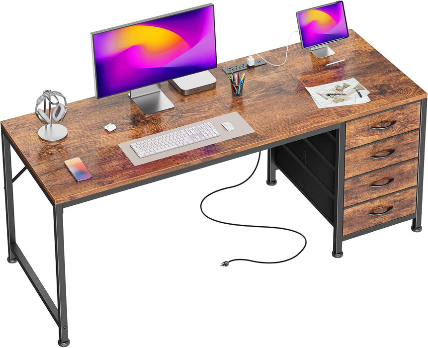 55.1 Inch Computer Office Desk with Power Outelts and USB-C Port, Reversible Gaming Desk with 4 Fabric Drawers, Work Study Desk Work from Home, Rustic Brown