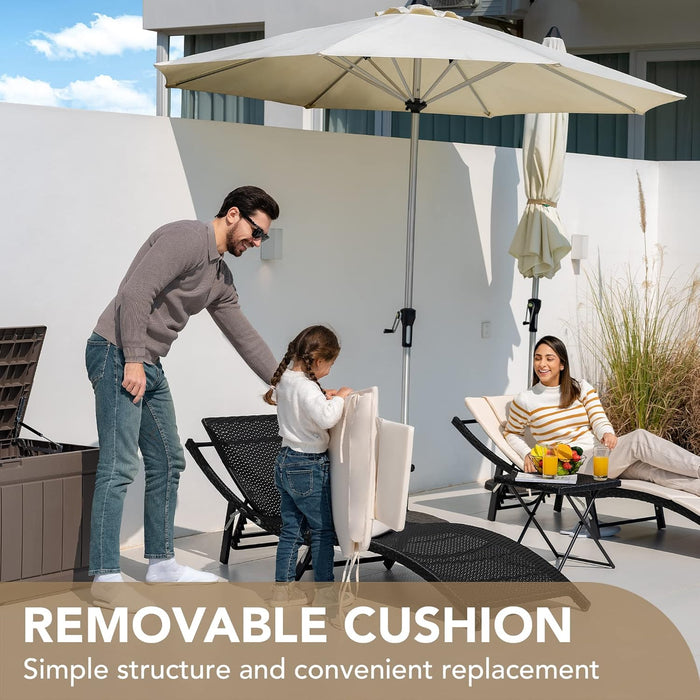 Patio Chaise Lounge Sets Outdoor Rattan Adjustable Back 3 Pieces Cushioned Patio Folding Chaise Lounge with Folding Table (Beige)