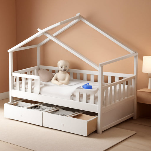Twin House Bed White With IntegratedStorage Drawers