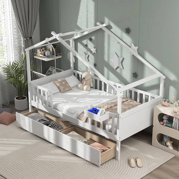 Twin House Bed White With IntegratedStorage Drawers