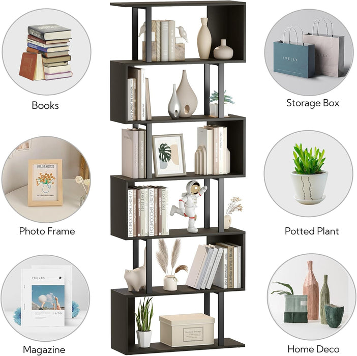 S Shaped Bookshelf, Modern Geometric Bookcase, 6-Tier Black Display Case Book Shelf