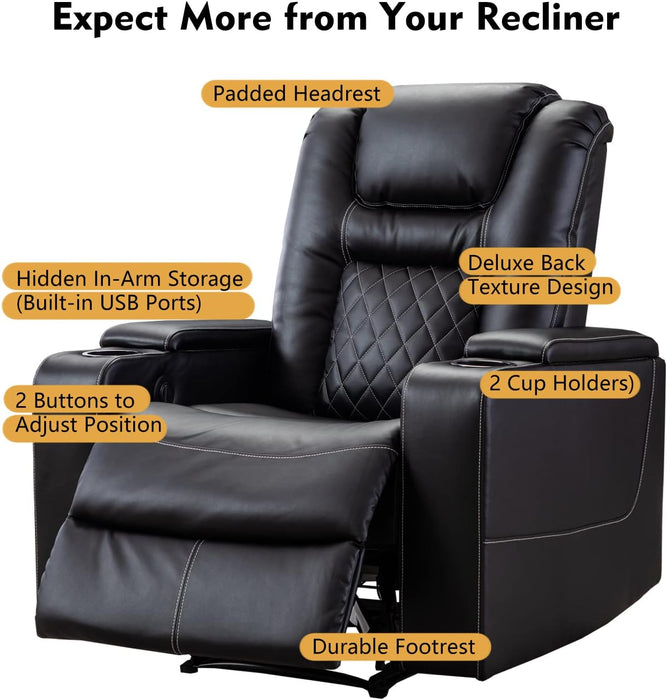 Black Leather Recliner with USB & Cup Holders