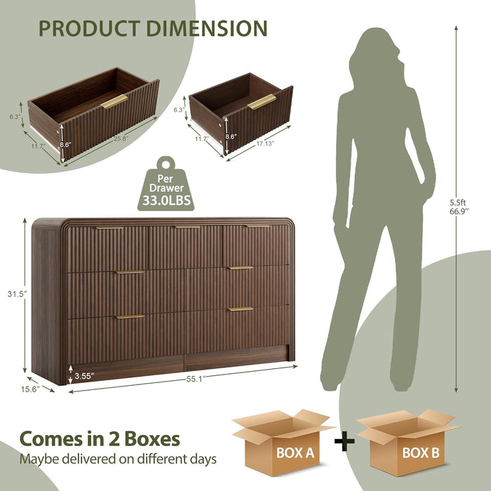 Fluted Drawers Dresser for Bedroom, Wood Dressers with Gold Handles, Modern Dressers with Wave Texture, Large Storage Chest of Drawers, Bedroom Dresser Organizer 55'' & 7 Drawers (Walnut)