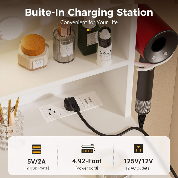 Vanity Desk with Lighted Mirror and Power Outlet, RGB LED Lights Makeup Vanity Set for Girls, Large Storage Capacity Dressing Table for Bedroom, 3 Lighting Modes Adjustable Brightness, White