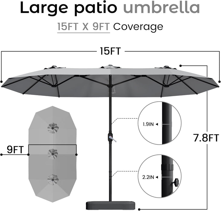 15Ft Patio Umbrella with Base,Large Outdoor Double-Sided Rectangle Umbrella with Crank Handle, Market Umbrella for Poolside Garden Deck Backyard Beach Pools, Gray