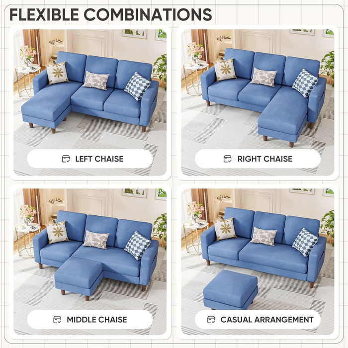 Blue Upholstered LShaped Movable Sectional Couch Ottoman