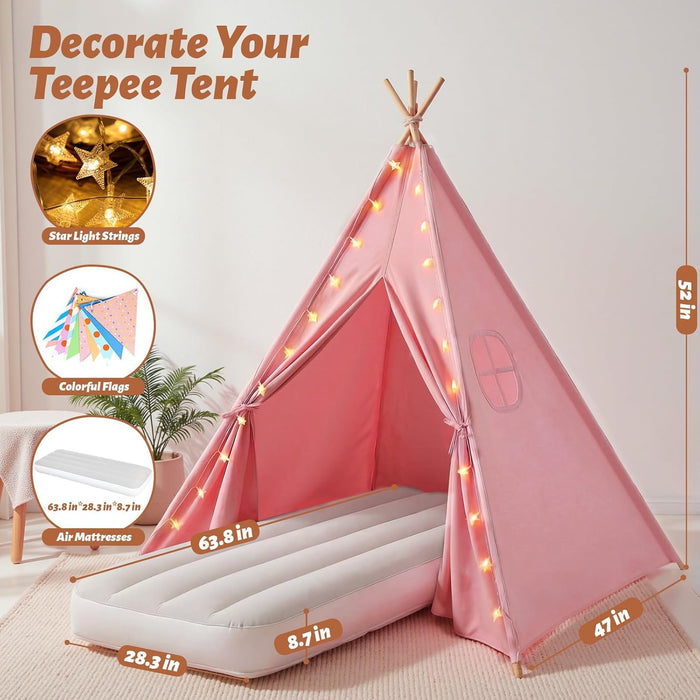 Pink Sleepover Teepee Tent for Kids-2 Pack Tipi Playhouse for Kids with Lights& Flag& Inflatable Airbed -Indoor/Outdoor Foldable- Slumber Party Tent -Sleepover Party Supplies