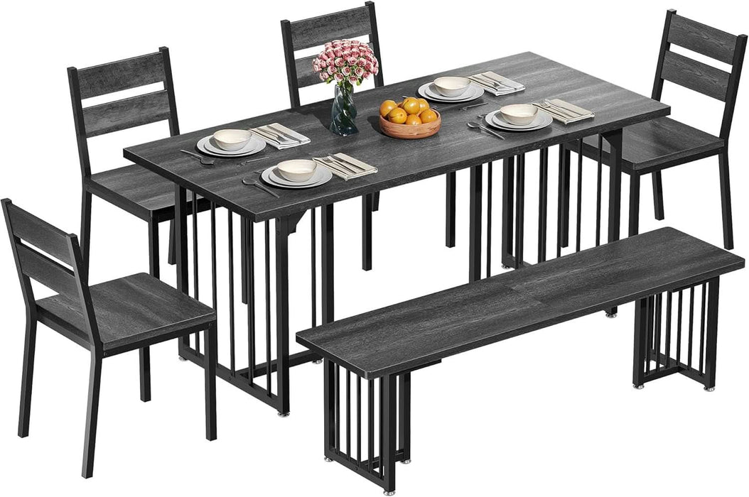 63 Inch Dining Table Set for 6-8 People 6-Piece Large Kitchen Table Set with 2 Benches and 4 Chairs Farmhouse Rectangular Dining Room Table for Kitchen Dining Room Apartment Dark Grey