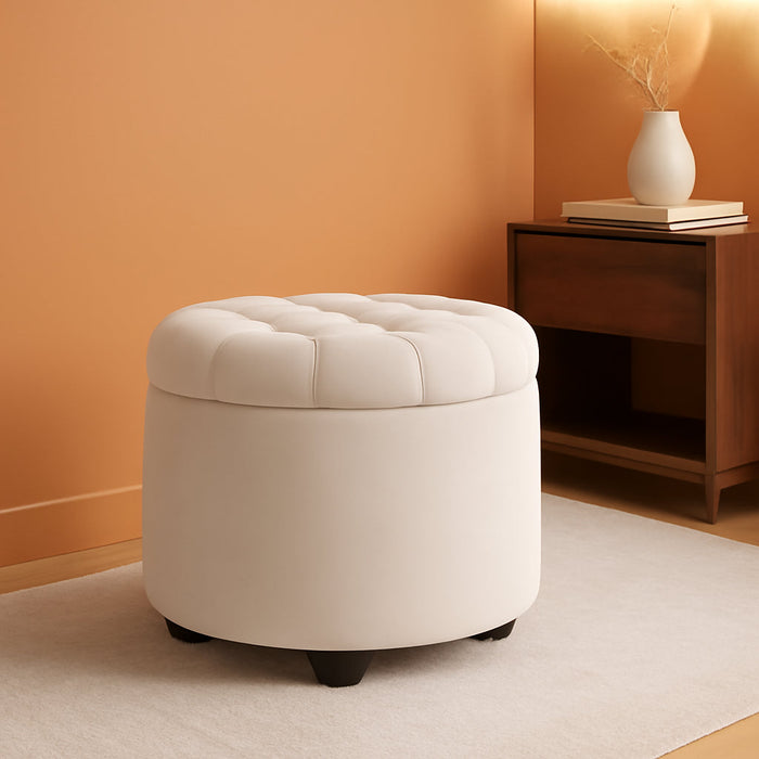 round Ottoman, Ottoman with Storage, 17.7 X 17.7 X 17.5 Inches, Foot Rest with Legs, Velvet, Load up to 330 Lb, for Living Room, Bedroom, Cream White ULOM012W01