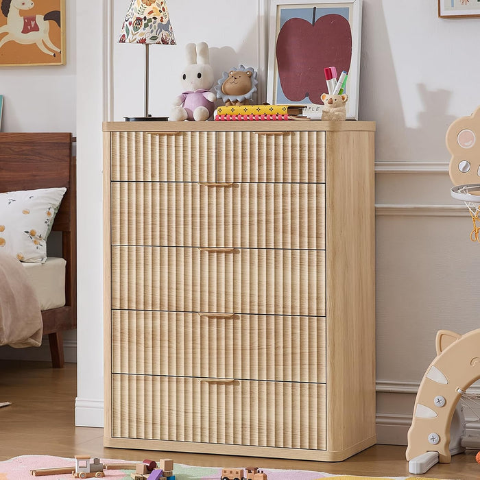 Farmhouse Fluted 6 Drawers Dresser for Bedroom, 42" Tall Modern Chest of Drawers with Curved Profile Design & Metal Handle,Natural Wood Drawer Organizer for Bedroom