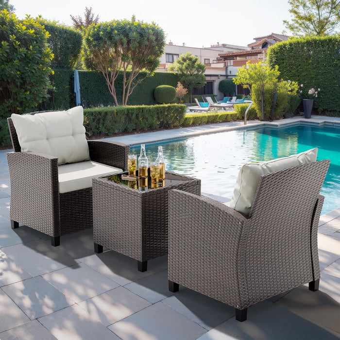 3 Piece Wicker Patio Furniture Set - Outdoor Rattan Conversation Set with Soft Cushions & Glass Coffee Table for Balcony, Porch, Small Backyard - All Weather Beige Bistro Set, Beige