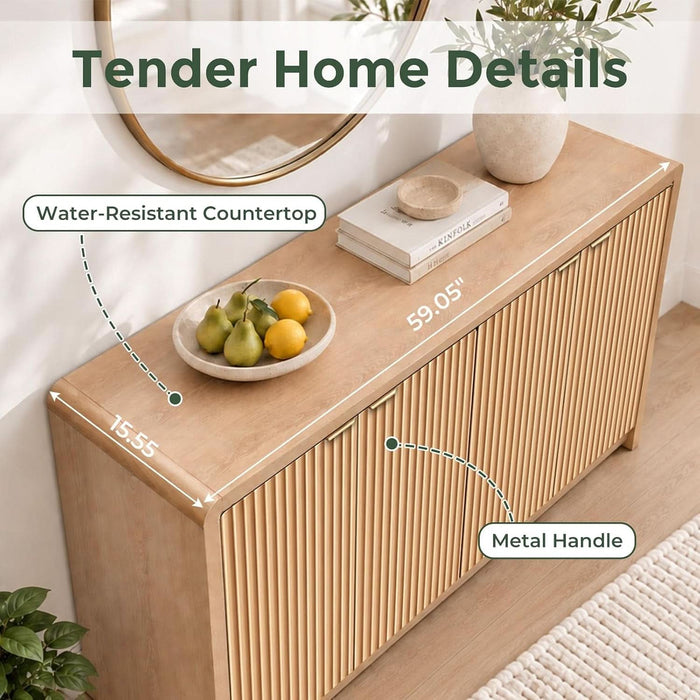 59" Fluted Sideboard Buffet Cabinet with Storage,Credenza Natural