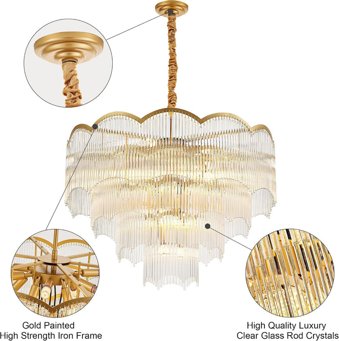 31.5" Gold Clear Glass Crystal Chandelier 18-Light Modern Crystal Pendant Ceiling Light Fixture 4-Tier Luxury Glass Chandeliers,For Dining Room Kitchen Island Living Room Bedroom