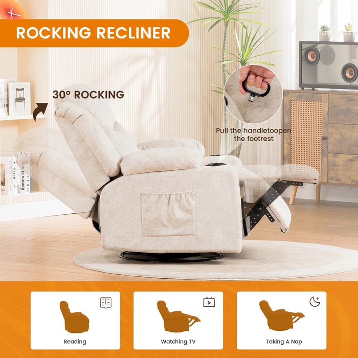 Swivel Rocker Recliner Chair with Heat and Massage, 31.89" Wide Rocking Sofa Home Recliner for Living Room Home Theater Office, Cream White