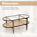 Rattan Coffee Table, 2-Tier Oval Acacia Wood Tea Table W/Tempered Glass Tabletop & PE Rattan Storage Shelf, Boho Cocktail Tables, Mid Century Modern Center Table for Living Room Office, Brown