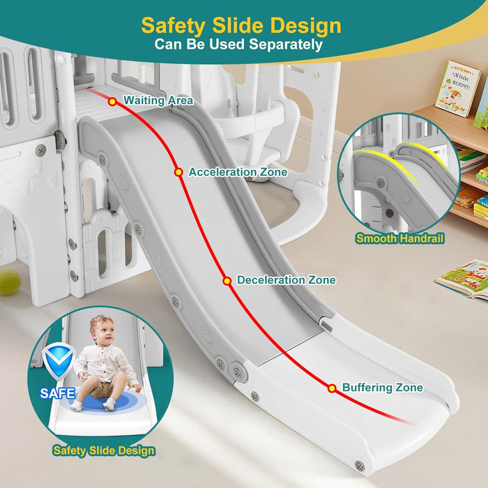 10 in 1 Toddler Slide, Freestanding Kid Climber Slide Playset, Toddler Playhouse with Slide and Swing, Basketball Hoop, Telescope, Indoor Outdoor Backyard Playground Toy for Toddlers Age 1-3+