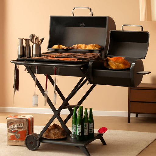 Portable Charcoal Grill with Smoking Function, Foldable Suitcase Design with Wheels, Multi-Tier Storage Rack & Waterproof Cover for Outdoor BBQ Parties (Black)