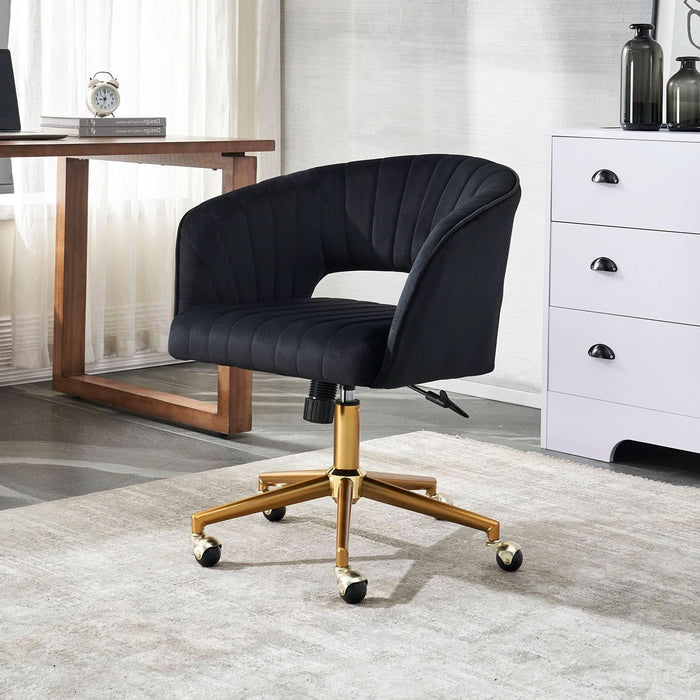 Home Office Chair Swivel Velvet Desk Chair, Vanity Chair with 360 Swivel Armchair and Gold Base,For Living Room, Bedroom, Vanity, Study (Black)