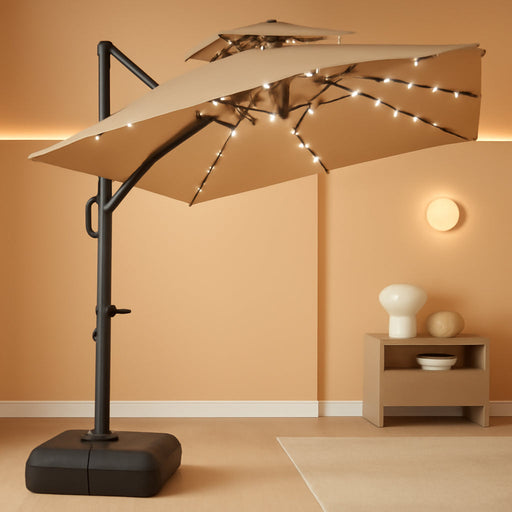 10X10Ft Cantilever Patio Umbrella W/Base Included, Solar LED Lights 360 Rotation Large Offset Hanging Outdoor Shade for Deck Pool Backyard W/Stand – Tan