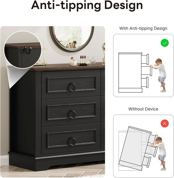 Farmhouse 6 Drawers Dresser for Bedroom, 47.2" W Modern Dresser with round Metal Handle, Thickened Desktop, Wood Rustic Chest of Drawers for Bedroom, Hallway, Entryway, Black