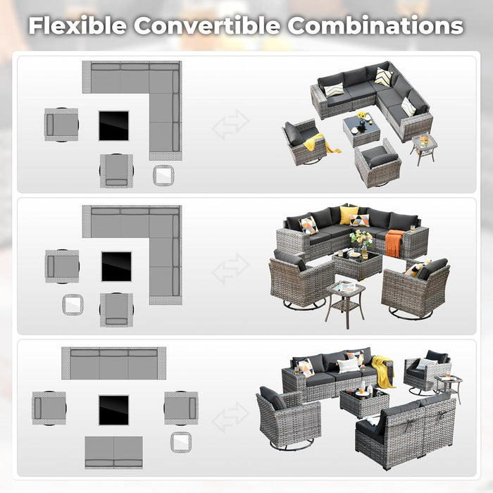 9 Pieces Patio Furniture Set, Outdoor Wicker Sectional Sofa with 2 Swivel Chairs Coffee Table, Modern Modular Deep Seat Rattan Couch Conversation Sets, Black