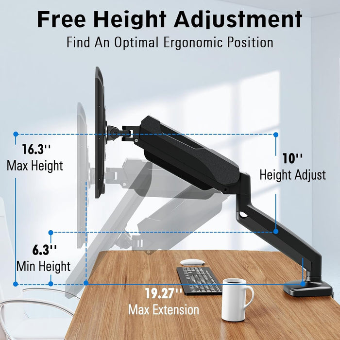 Single Monitor Desk Mount, Adjustable Gas Spring Monitor Arm Support Max 32 Inch, 4.4-17.6Lbs Screen, Computer Monitor Stand Holder with Clamp/Grommet Mounting Base, VESA Mount Bracket, Black