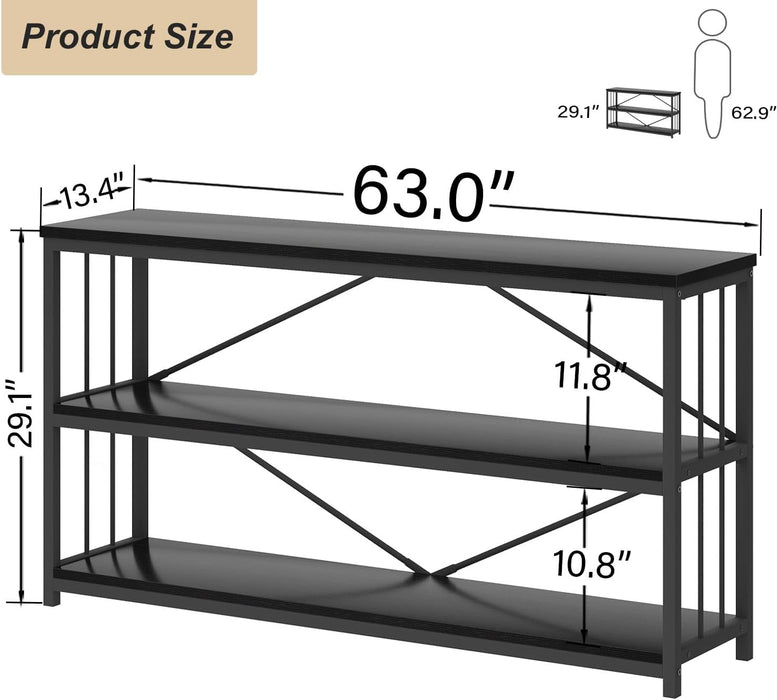 Black Long Bookshelf, Large Wood Wide Horizontal Bookcase under Window, Modern Long Open Book Shelf for Bedroom Living Room, Industrial Wooden Metal Bookshelves for Home Office, Black Oak, 63 Inch