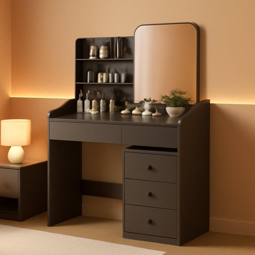 Makeup Vanity Desk with LED Mirror & Movable Storage Cabinet, 3-Tier Open Shelves, 5 Drawers, Adjustable 3-Color Lighting for Bedroom