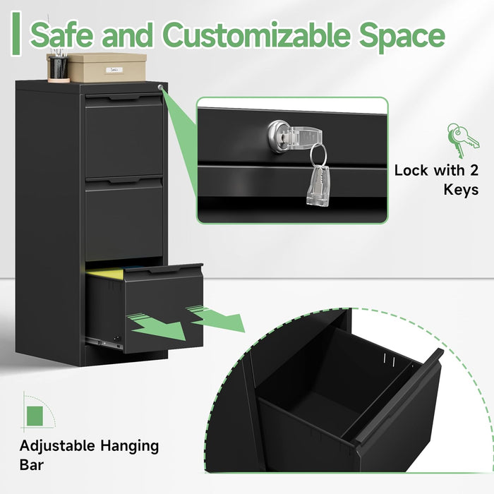 3 Drawer File Cabinet with Lock,Filing Cabinets for Home Office,Metal Small File Cabinet for Letters/Legal/A4 Size, Assembly Required,Black 3 Drawer-15 W