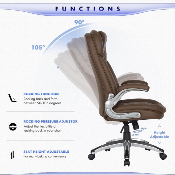 Executive Office Chair-Ergonomic Computer Desk Chair, High Back Leather Chair with Padded Flip-Up Arms, Swivel Home Office Chair Upgraded Caster, Brown