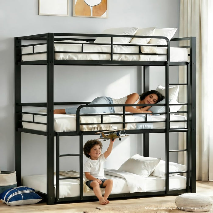 Triple Bunk Bed Twin Over Twin SpaceSavingBlackCoatedFinish