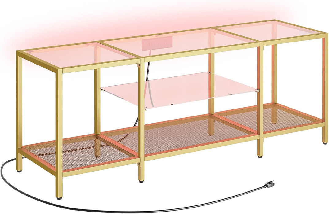 TV Stand with LED Lights and Power Outlets for Tvs up to 65", Modern 55 Inch Tempered Glass TV Console Table with Open Shelves, Media Entertainment Center for Living Room, Gold GD145UDS01