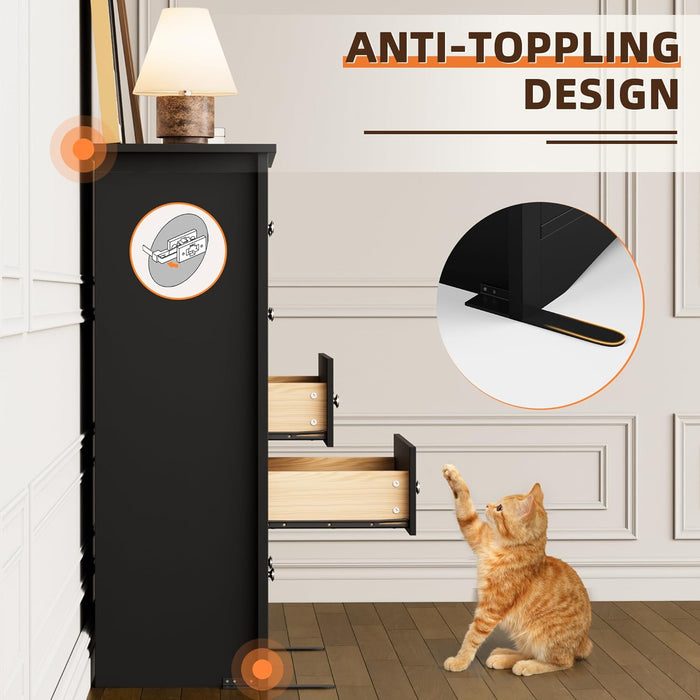 Tall Five Drawer Dresser Black Wood Storage Organizer