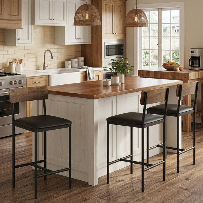 Bar Stools Set of 2, Kitchen Bar Stools with Footrest, 25.5 Inches Upholstered Bar Chairs with Back, 2 Counter Height Barstools for Counter Bar, Island, Easy Assembly, Rustic Brown