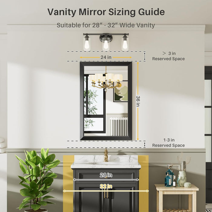 Elegant GlossBlack Bathroom Mirror 24x36 Inches Wide