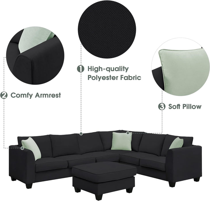 Large U Shaped Sectional Sofa with Removable Ottoman for Living Room, 7 Seats Modular Sofa with Wide Chaise Lounge & 3 Pillows, 112” Fabric Corner Couch Set for Large Space, Black