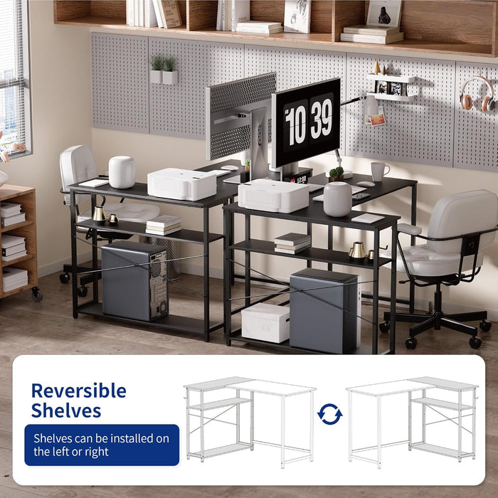 43 Inch L Shaped Computer Desk with Reversible Side Storage Shelves, Small Corner Desk for Small Space Home Office,Writing Study Table Gaming PC Desk for Bedroom,Black