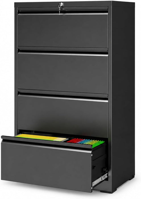 4 Drawer File Cabinet with Lock, Black Metal Lateral Filing Cabinet