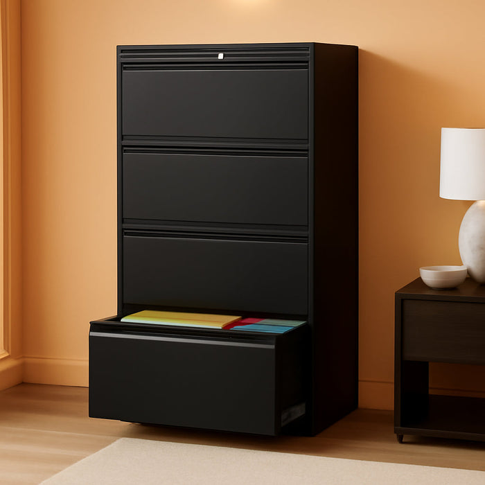 4 Drawer File Cabinet with Lock, Black Metal Lateral Filing Cabinet