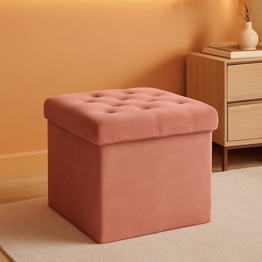 Storage Ottoman Cube, Velvet Tufted Folding Ottomans with Lid, Footstool Rest Padded Seat for Bedroom (Warm Red, Medium)