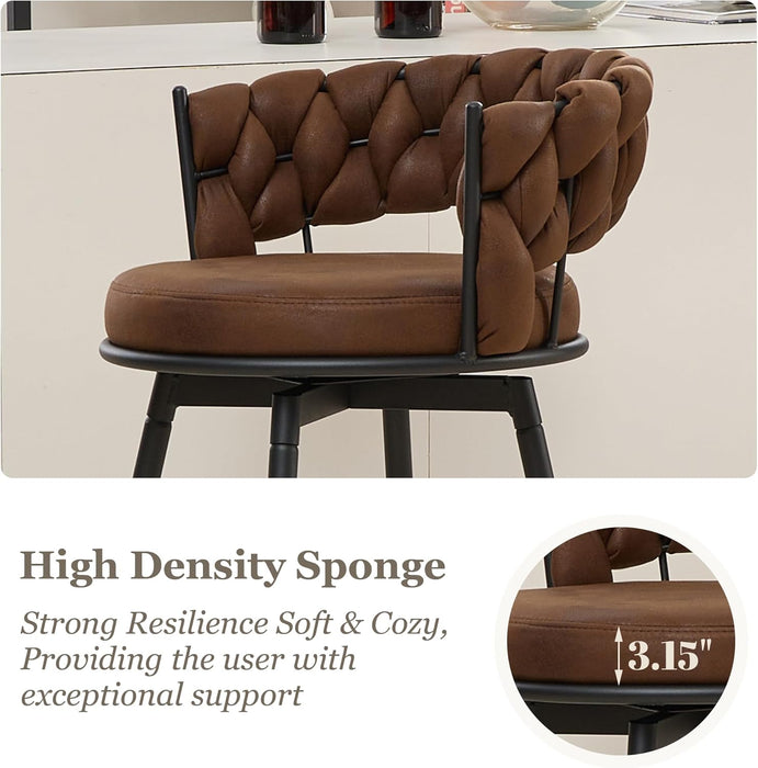 Swivel Bar Stools Set of 2, 28 Inches Modern Counter Height Bar Stools with Woven Back, Upholstered Suede Tall Barstools for Kitchen Island, Cafe, Dark Brown