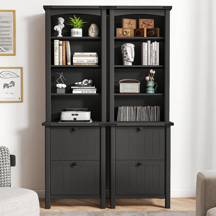 Farmhouse Lateral File Cabinet 2 Drawer and 71" Tall Bookcases Sets, 46" Filing Cabinets with Power Outlets & Storage Shelf, 3 Pcs Home Office Furniture Set, Black
