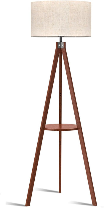 Tripod Floor Lamp, Mid Century Wood Standing Lamp, Modern Design Shelf Floor Lamp for Living Room, Bedroom, Office, Flaxen Linen Shade with E26 Base Brown