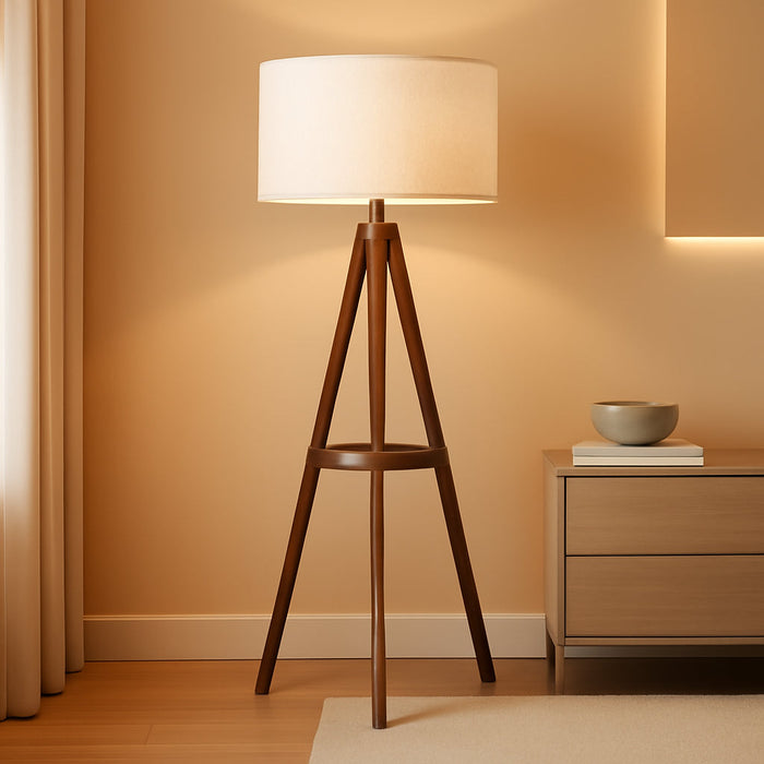Tripod Floor Lamp, Mid Century Wood Standing Lamp, Modern Design Shelf Floor Lamp for Living Room, Bedroom, Office, Flaxen Linen Shade with E26 Base Brown